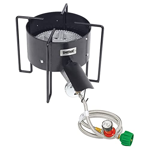 Bayou Classic KAB4 16-in Bayou Banjo Cooker Features 10-in Cast Iron Burner 16-in Cooking Surface 3/8-in Round Bar Welded Frame 30-psi Adjustable Regulator w/ 48-in Stainless Braided Hose