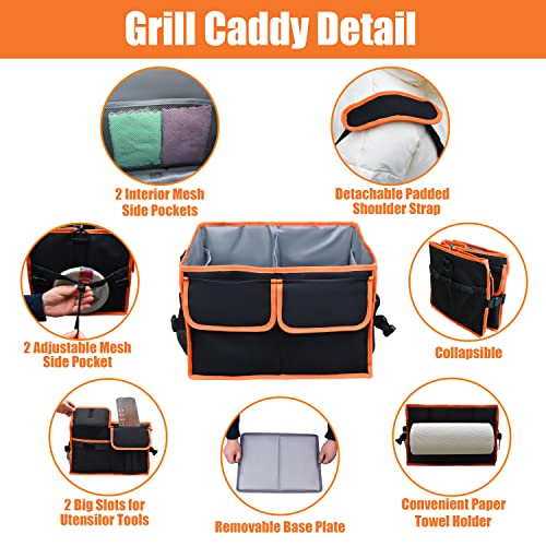 Amerbro Large Grill Caddy with Paper Towel Holder - BBQ Caddy Organizer for Utensil, Condiment - Easy Carry Picnic Caddy - Griddle Caddy for Camping, Travel, RV - 600D Waterproof Oxford Fabric