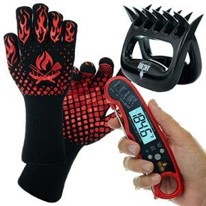 bbq gloves, digital meat thermometer and bbq claws for shredding meat – great smoker tools accessory set for men, fathers day and birthday