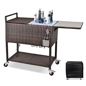 okida rolling wicker cooler cart outdoors, 80 quart ice chest with bottle opener, portable beverage bar for patio pool party, rattan cooler trolley with stainless cutting board and waterproof cover