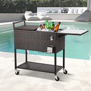 OKIDA Rolling Wicker Cooler Cart Outdoors, 80 Quart Ice Chest with Bottle Opener, Portable Beverage Bar for Patio Pool Party, Rattan Cooler Trolley with Stainless Cutting Board and Waterproof Cover