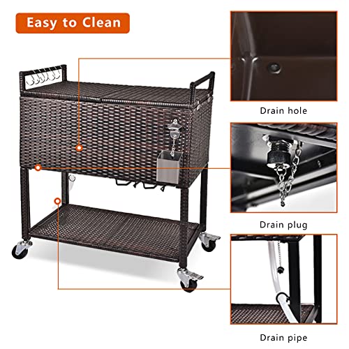 OKIDA Rolling Wicker Cooler Cart Outdoors, 80 Quart Ice Chest with Bottle Opener, Portable Beverage Bar for Patio Pool Party, Rattan Cooler Trolley with Stainless Cutting Board and Waterproof Cover