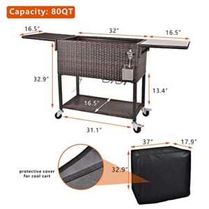 OKIDA Rolling Wicker Cooler Cart Outdoors, 80 Quart Ice Chest with Bottle Opener, Portable Beverage Bar for Patio Pool Party, Rattan Cooler Trolley with Stainless Cutting Board and Waterproof Cover