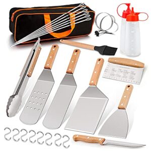 leonyo griddle accessories set of 19, heavy duty metal grilling spatula for cast iron flat top teppanyaki hibachi cooking, bbq burger spatula turner kit, carrying bag, men gift