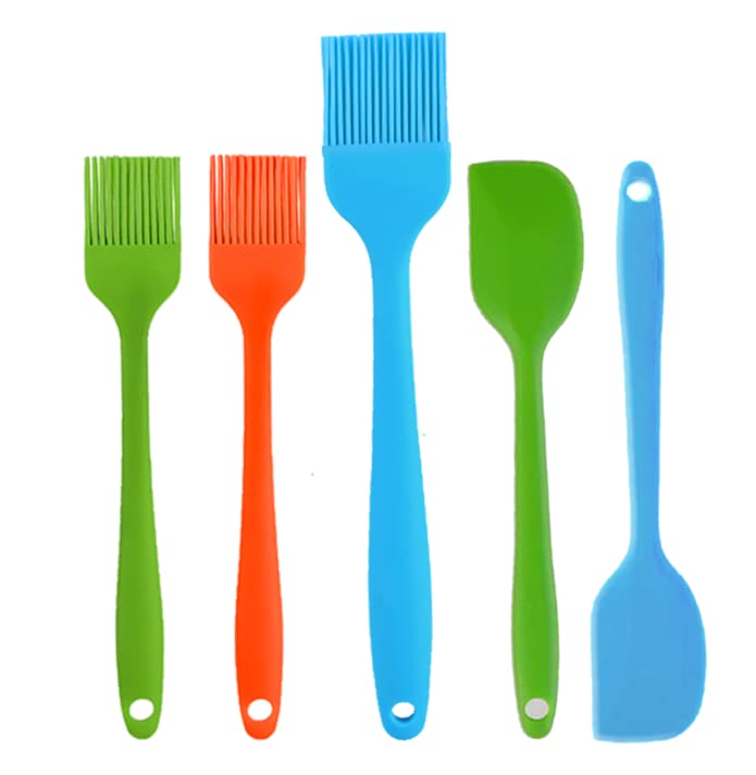 Fanglcy Silicone Basting Brush Pastry Brushes Cooking Set- Pack of 3 Pcs Heat Resistant Basting Brushes and 2 Pcs Silicone Spatulaes for Oil, Baking and BBQ Spreading Dishwasher Safe