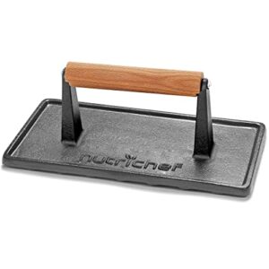 nutrichef cast iron grill press – heavy-duty griddle press with wooden handle, speeds up cooking time on steak, burger patty, meats, bacon, quesadillas & more, leave an attractive mark on any meat