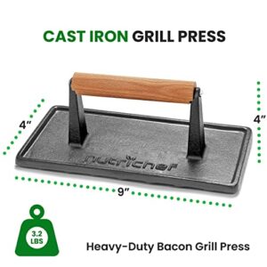 Nutrichef Cast Iron Grill Press - Heavy-Duty Griddle Press with Wooden Handle, Speeds Up Cooking Time on Steak, Burger Patty, Meats, Bacon, Quesadillas & More, Leave an Attractive Mark on Any Meat