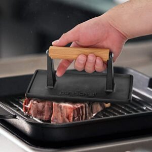 Nutrichef Cast Iron Grill Press - Heavy-Duty Griddle Press with Wooden Handle, Speeds Up Cooking Time on Steak, Burger Patty, Meats, Bacon, Quesadillas & More, Leave an Attractive Mark on Any Meat