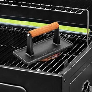 Nutrichef Cast Iron Grill Press - Heavy-Duty Griddle Press with Wooden Handle, Speeds Up Cooking Time on Steak, Burger Patty, Meats, Bacon, Quesadillas & More, Leave an Attractive Mark on Any Meat