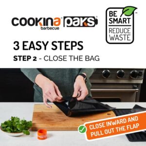 COOKINA PAKS BBQ Grilling Bag (Pack of 2) -100% Non-Stick Pouch Steam Cook in Minutes, Easy to Clean and Safe for Smokers, as Well as Gas, Charcoal and Electric Barbecues, Flat, Black