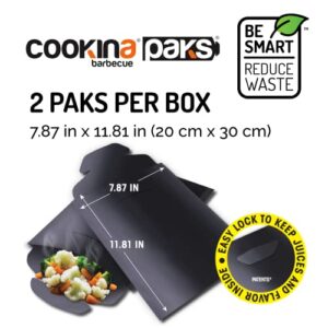 COOKINA PAKS BBQ Grilling Bag (Pack of 2) -100% Non-Stick Pouch Steam Cook in Minutes, Easy to Clean and Safe for Smokers, as Well as Gas, Charcoal and Electric Barbecues, Flat, Black