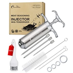 culinary hutch meat injector syringe with meat tenderizer – 304-stainless steel meat injector syringe kit, 3 needles, 3 brushes, o-rings set – grilling, bbq accessories, 2-oz large capacity barrel