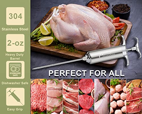 Culinary Hutch Meat Injector Syringe with Meat Tenderizer - 304-Stainless Steel Meat Injector Syringe Kit, 3 Needles, 3 Brushes, O-Rings set - Grilling, BBQ Accessories, 2-oz Large Capacity Barrel