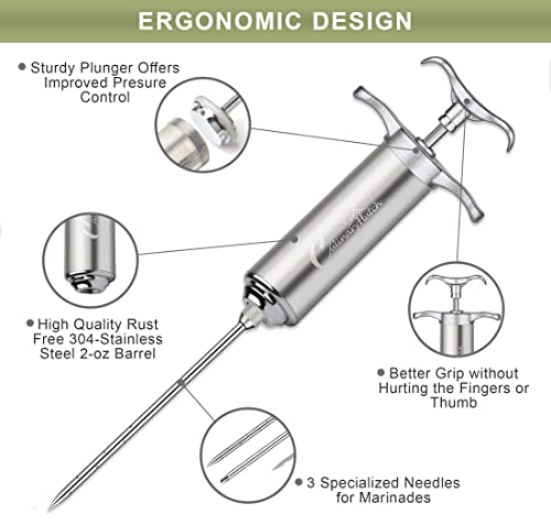 Culinary Hutch Meat Injector Syringe with Meat Tenderizer - 304-Stainless Steel Meat Injector Syringe Kit, 3 Needles, 3 Brushes, O-Rings set - Grilling, BBQ Accessories, 2-oz Large Capacity Barrel