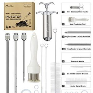 Culinary Hutch Meat Injector Syringe with Meat Tenderizer - 304-Stainless Steel Meat Injector Syringe Kit, 3 Needles, 3 Brushes, O-Rings set - Grilling, BBQ Accessories, 2-oz Large Capacity Barrel