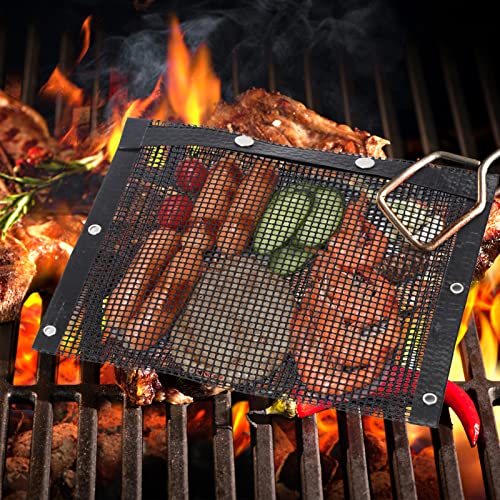BBQ Grill Bags Mesh Grilling Bags for Outdoor Grill, Reusable Non-Stick BBQ Mesh Grill Bags Large Barbecue Accessories, Heat-Resistant, 11.8x11.6 inch, Pack of 2, Black (US1001)