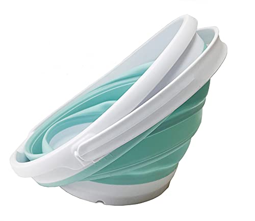 SAMMART 10L (2.6 Gallon) Collapsible Plastic Bucket - Foldable Round Tub - Portable Fishing Water Pail - Space Saving Outdoor Waterpot, Size 33cm Dia (White/Lake Green (Set of 2))