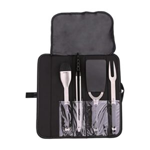 kenyon a70011 grill utensil set with grill fork, tongs, spatula, and basting brush, stainless steel grill tools with smart canvas bag, removable soft-grip handles, easy cleaning, 4 piece tool kit