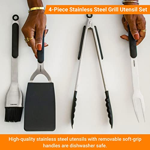 Kenyon A70011 Grill Utensil Set With Grill Fork, Tongs, Spatula, And Basting Brush, Stainless Steel Grill Tools With Smart Canvas Bag, Removable Soft-Grip Handles, Easy Cleaning, 4 Piece Tool Kit