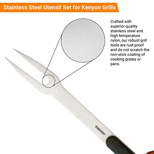 Kenyon A70011 Grill Utensil Set With Grill Fork, Tongs, Spatula, And Basting Brush, Stainless Steel Grill Tools With Smart Canvas Bag, Removable Soft-Grip Handles, Easy Cleaning, 4 Piece Tool Kit