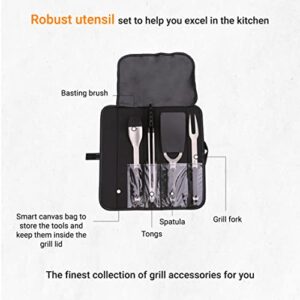 Kenyon A70011 Grill Utensil Set With Grill Fork, Tongs, Spatula, And Basting Brush, Stainless Steel Grill Tools With Smart Canvas Bag, Removable Soft-Grip Handles, Easy Cleaning, 4 Piece Tool Kit