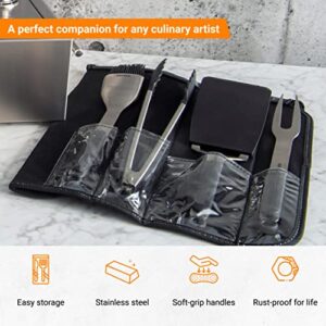 Kenyon A70011 Grill Utensil Set With Grill Fork, Tongs, Spatula, And Basting Brush, Stainless Steel Grill Tools With Smart Canvas Bag, Removable Soft-Grip Handles, Easy Cleaning, 4 Piece Tool Kit