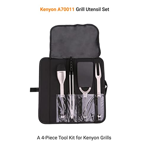 Kenyon A70011 Grill Utensil Set With Grill Fork, Tongs, Spatula, And Basting Brush, Stainless Steel Grill Tools With Smart Canvas Bag, Removable Soft-Grip Handles, Easy Cleaning, 4 Piece Tool Kit