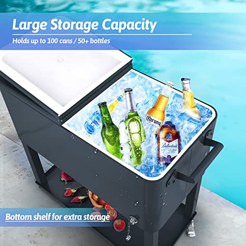 UPHA 80 Quart Rolling Outdoor Cooler, Patio Cooler Cart on Wheels, Portable Drink Beverage Bar for Patio Pool Party, Ice Chest with Shelf and Bottle Opener, IronGrey