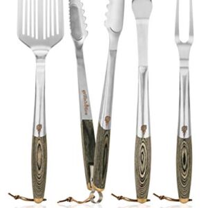 Grillaholics Premium BBQ Grill Tools - Luxury 4-Piece Barbecue Utensils Grill Set - Wooden Gift Box Includes Barbeque Tongs, Meat Fork, Grill Spatula & Basting Brush