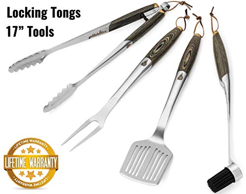 Grillaholics Premium BBQ Grill Tools - Luxury 4-Piece Barbecue Utensils Grill Set - Wooden Gift Box Includes Barbeque Tongs, Meat Fork, Grill Spatula & Basting Brush