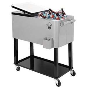 80 quart qt rolling cooler ice chest for outdoor patio deck party, grey, portable party bar cold drink beverage cart tub, backyard cooler trolley on wheels with shelf, stand, & bottle opener