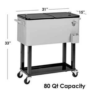 80 Quart Qt Rolling Cooler Ice Chest for Outdoor Patio Deck Party, Grey, Portable Party Bar Cold Drink Beverage Cart Tub, Backyard Cooler Trolley on Wheels with Shelf, Stand, & bottle opener