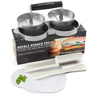 kitchen rmore double burger press + kabob maker + meatball shaper + 40 patty paper + recipe ebook | non-stick aluminum hamburger press patty maker for perfect meat patties, beyond burger