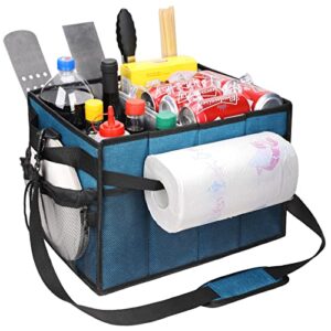 large grill and picnic caddy, equipped with paper towel holder, condiments, barbecue utensils, plate, easy carry griddle caddy, must haves for outdoors tailgating accessories, camper, travel, car, rv