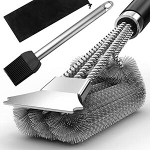 grill brush with extra strong long handle bbq cleaner accessories – safe wire bbq brush, triple barbecue scrubber cleaning brush for gas/charcoal grilling grates