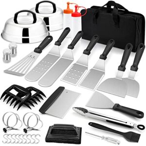 joyfair 35pcs griddle accessories kit, stainless steel flattop grill tool set with melting domes, professional metal turners for outdoor bbq teppanyaki camping cooking, heavy duty & dishwasher safe