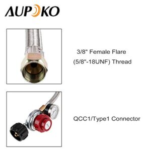 Aupoko Adjustable Propane Regulator Stainless Braided Hose 0-30 PSI with Gauge, 2 Y-Splitter Hose QCC1/Type1 to 3/8" Female Flare Fitting, for Heaters/Grills, Fire Pit High Pressure Regulator Valve