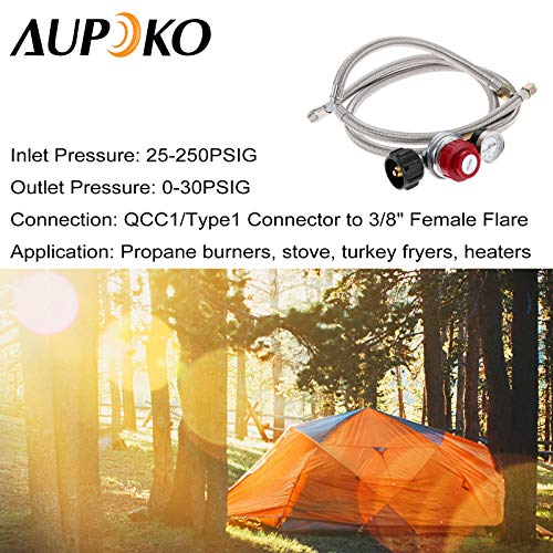Aupoko Adjustable Propane Regulator Stainless Braided Hose 0-30 PSI with Gauge, 2 Y-Splitter Hose QCC1/Type1 to 3/8" Female Flare Fitting, for Heaters/Grills, Fire Pit High Pressure Regulator Valve