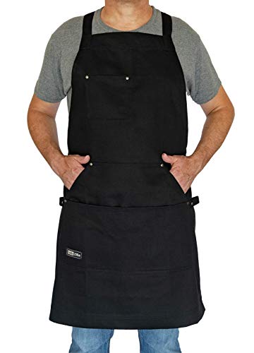 Professional Chef Apron for Men Women Cooking Kitchen BBQ Grill with Large Tool Pockets, Adjustable Size, Cotton Black, Quick Release Buckle, Dual Side Loops