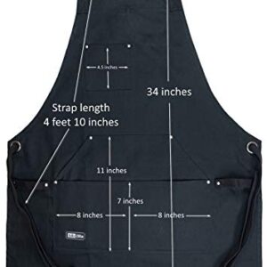 Professional Chef Apron for Men Women Cooking Kitchen BBQ Grill with Large Tool Pockets, Adjustable Size, Cotton Black, Quick Release Buckle, Dual Side Loops