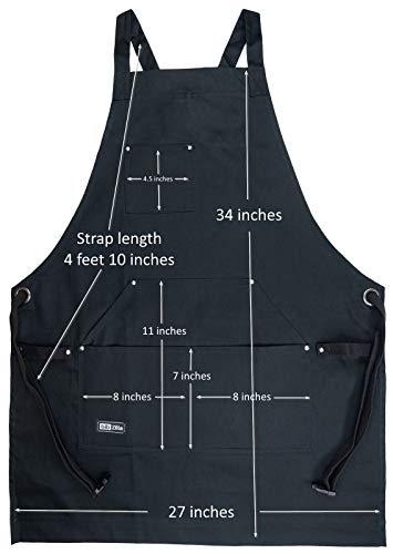 Professional Chef Apron for Men Women Cooking Kitchen BBQ Grill with Large Tool Pockets, Adjustable Size, Cotton Black, Quick Release Buckle, Dual Side Loops