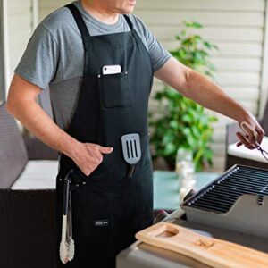 Professional Chef Apron for Men Women Cooking Kitchen BBQ Grill with Large Tool Pockets, Adjustable Size, Cotton Black, Quick Release Buckle, Dual Side Loops