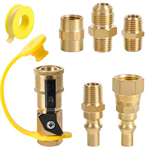 ATKKE RV Propane Quick Connect Fitting Adapter Valve, 1/4" Male NPT Full Flow Plug & 3/8" Male Flare Quick Kit for Low Pressure Gas Appliance Heater Grill Fire Pit and RV Quick Connect, 7pcs