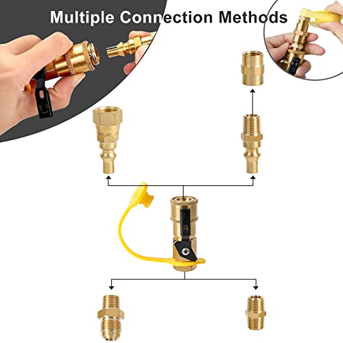 ATKKE RV Propane Quick Connect Fitting Adapter Valve, 1/4" Male NPT Full Flow Plug & 3/8" Male Flare Quick Kit for Low Pressure Gas Appliance Heater Grill Fire Pit and RV Quick Connect, 7pcs