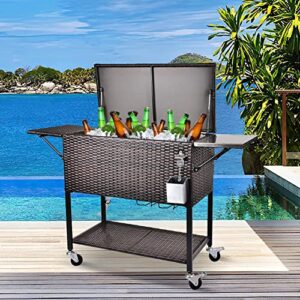 grepatio 80 quart rattan rolling cooler cart, portable wicker cooler trolley, beverage for patio pool party, ice chest with cutting board, bottle opener, cap catch and cover (single top – brown)