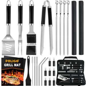 poligo 26pcs camping grill utensils set for outdoor grill set stainless steel grill accessories in case – premium bbq tools grilling tools set ideal birthday father’s day grilling gifts for men dad