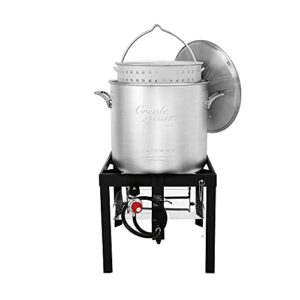 Creole Feast SBK1001 Seafood Boiling Kit with Strainer, Outdoor Aluminum Propane Gas Boiler with 10 PSI Regulator, Silver