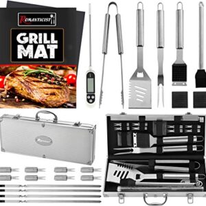 ROMANTICIST 23pc Must-Have BBQ Grill Accessories Set with Thermometer in Case - Stainless Steel Barbecue Tool Set with 2 Grill Mats for Backyard Outdoor Camping - Best Grill Gift for on Birthday