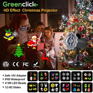 Christmas Projector Lights Outdoor, GreenClick Upgraded 3-in-1 Snowflake Projector with 12 HD Slide Patterns Bright IP65 Waterproof Holiday Projection Indoor for Xmas, Easter Day, House Decoration