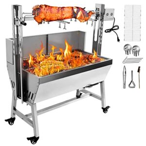 migoda stainless steel rotisserie grill with back cover guard, 25w motor small pig lamb rotisserie roaster, 37” 2 in 1 bbq charcoal rotisserie grill for camping outdoor kitchen
